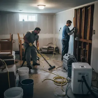 Two technicians extracting water from a lower-level room with the wall cavity opened