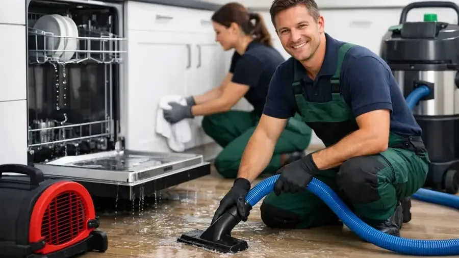 Two technicians pulling water off a kitchen floor next to an open dishwasher