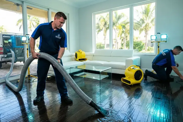 Restoration technician running an extraction wand across a soaked floor inside a home