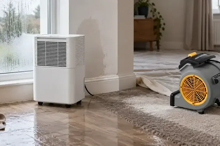 Rain-streaked window above a wet floor with drying equipment after wind-driven rain