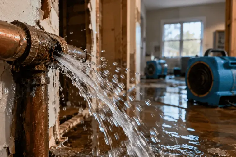 Supply pipe spraying water inside a home with air movers already set up behind it