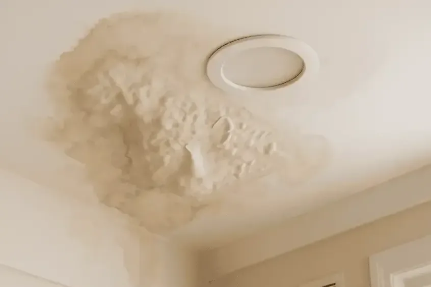 Water stain bulging across a painted ceiling under a leak from above