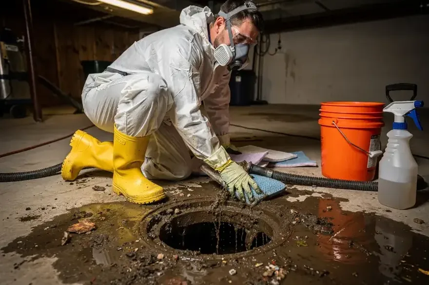 Technician in a protective suit and respirator cleaning sewage around a floor drain on a concrete floor