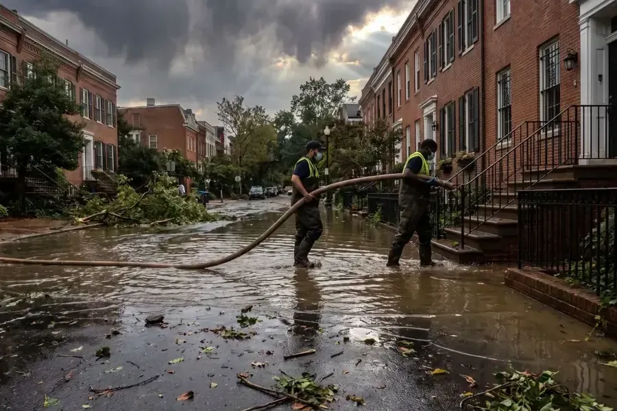 Crew with a hose pumping storm water off a flooded residential street under a dark sky