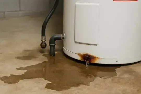Corroded base of a tank water heater leaking across a concrete floor